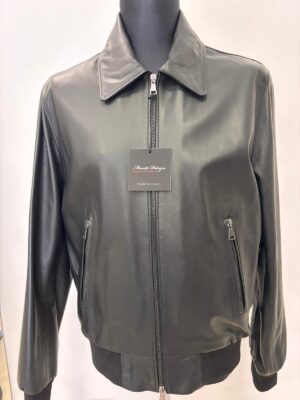 Bomber in Pelle Nera Modello Biker - Collo a Camicia