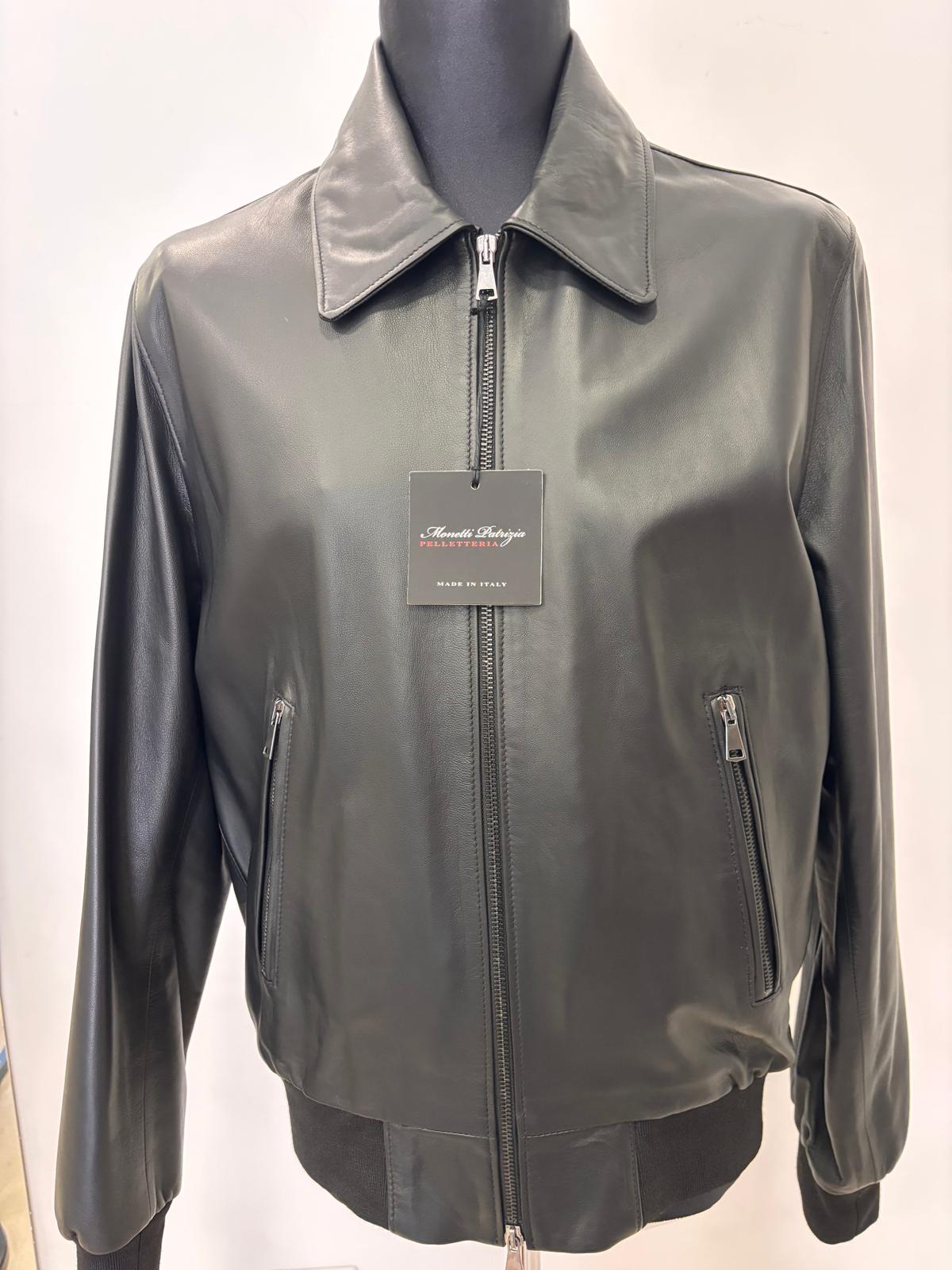 Bomber in Pelle Nera Modello Biker - Collo a Camicia