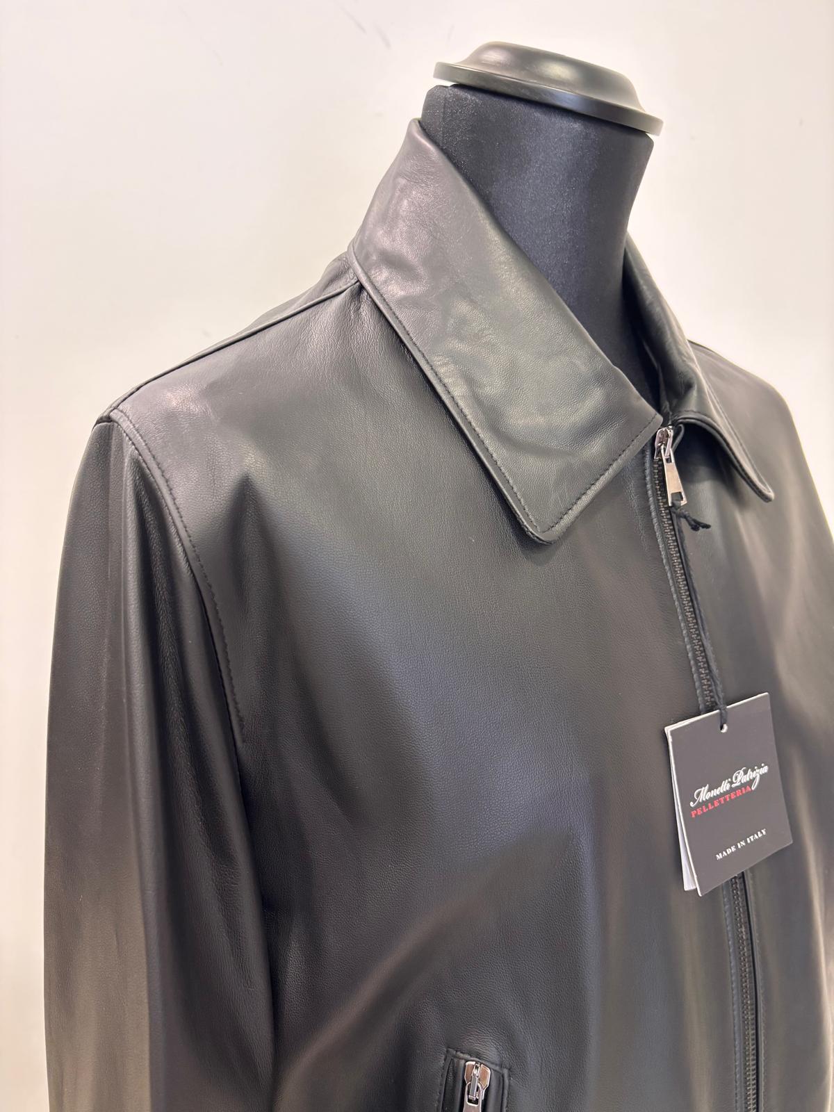 Bomber in Pelle Nera Modello Biker - Collo a Camicia - immagine 2