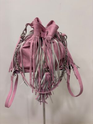 Borsa a Secchiello Boho-Chic con Frange in Vera Pelle Rosa Antico