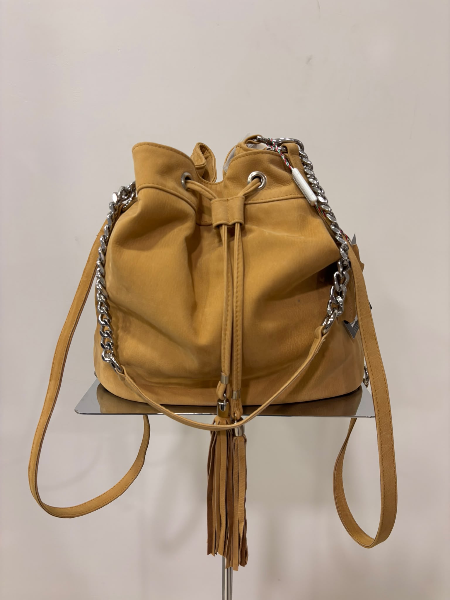 Borsa a Secchiello in Vera Pelle Camel / Cuoio