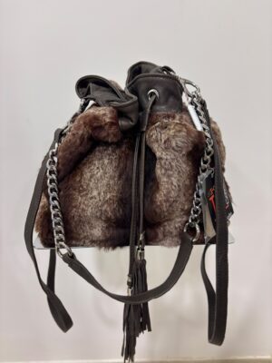 Borsa a Secchiello in Vera Pelle e Pelliccia Marrone Moka