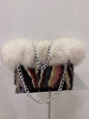 Borsa Shopping Bag Luxury in Pelliccia Multicolor con Bordo Cream & Silver