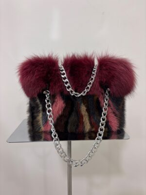 Borsa Shopping Bag Luxury in Pelliccia Multicolor con Bordo Bordeaux & Catena Silver